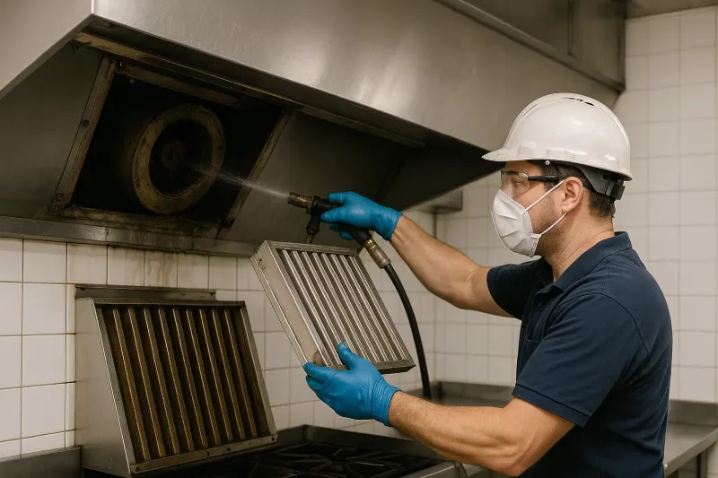 Nettoyage d'hotte murale, filtres, moteur et conduits selon le protocole hygiène Zone Cleaner à Neufchâteau pour un restaurant La Mazarine