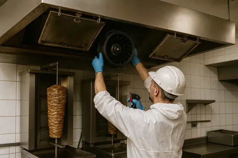 Réaliser entretien complet hotte extraction avec trappes, dégraissage moteur et conformité sécurité dans un Kebab à Contrexéville
